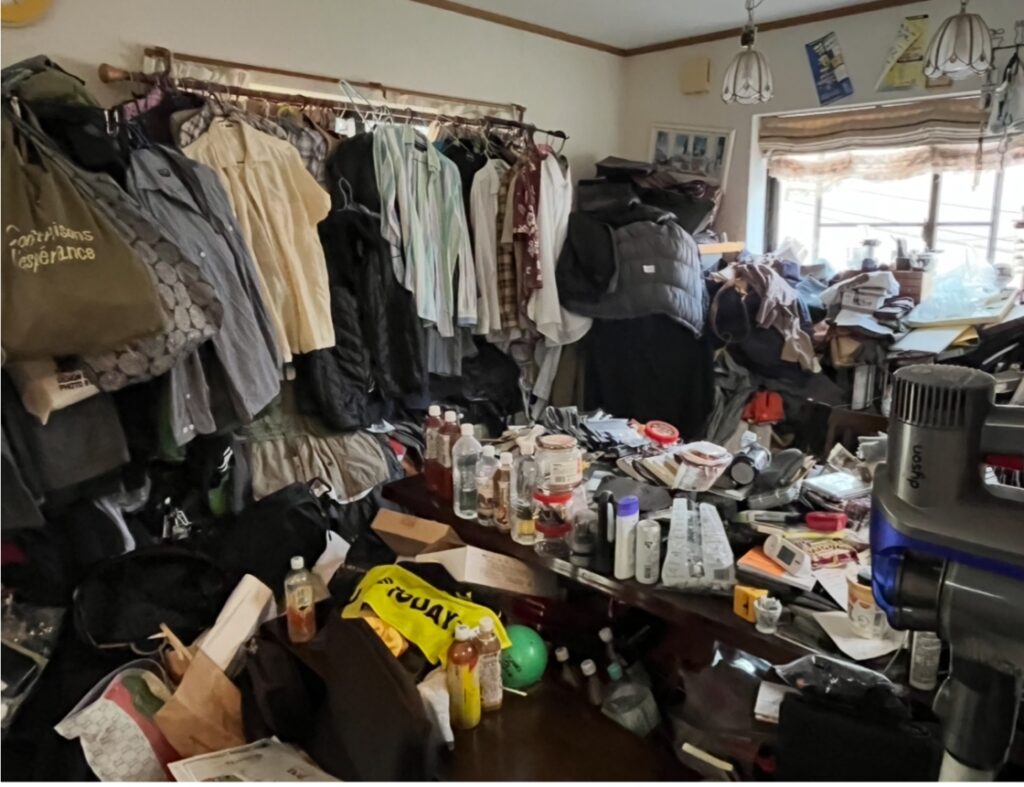 物で溢れかえるリビングの様子